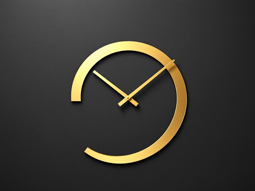 Minimalist geometric mark: three intersecting smooth arcs forming an abstract clock, matte gold finish on dark stone texture, 8k photorealistic.